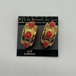 KJL Kenneth Jay Lane Gold Plated Faux Coral Glass Cabochon Hoop Clip Earrings